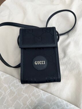 Gucci Black GG Logo Crossbody Phone Pouch with Gold Emblem